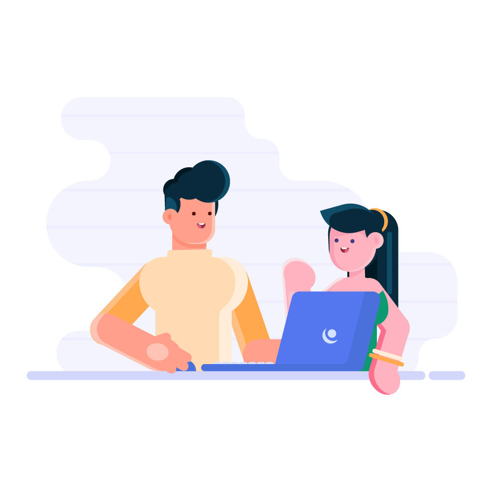 Two colleagues working through something together on one laptop